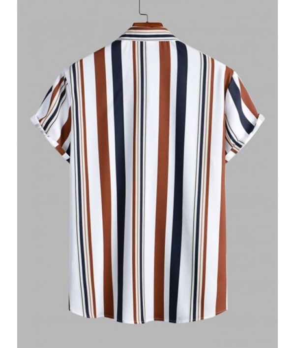 Vertical Mixed Stripes Button Up Shirt And Basic Casual Shorts Set