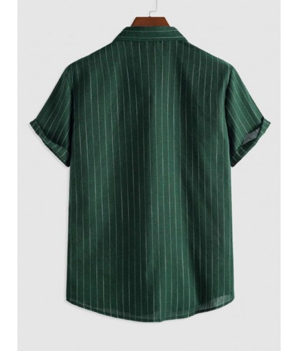 Men's Casual 2 Piece Outfits Vertical Striped Pattern Striped Button Fly Short Sleeve Shirt And Drawstring Bermuda Shorts Set