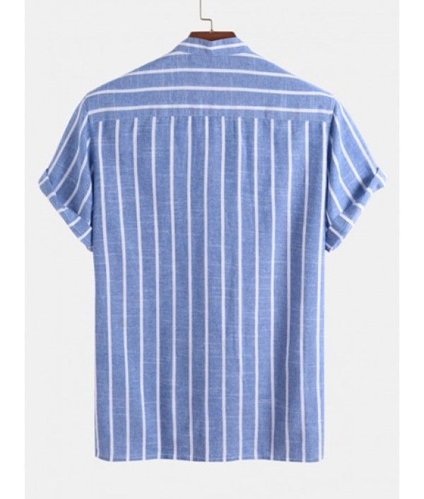 Men's Half Buttoned Casual Vertical Striped Office Pullover Shirt And Basic Casual Shorts Set