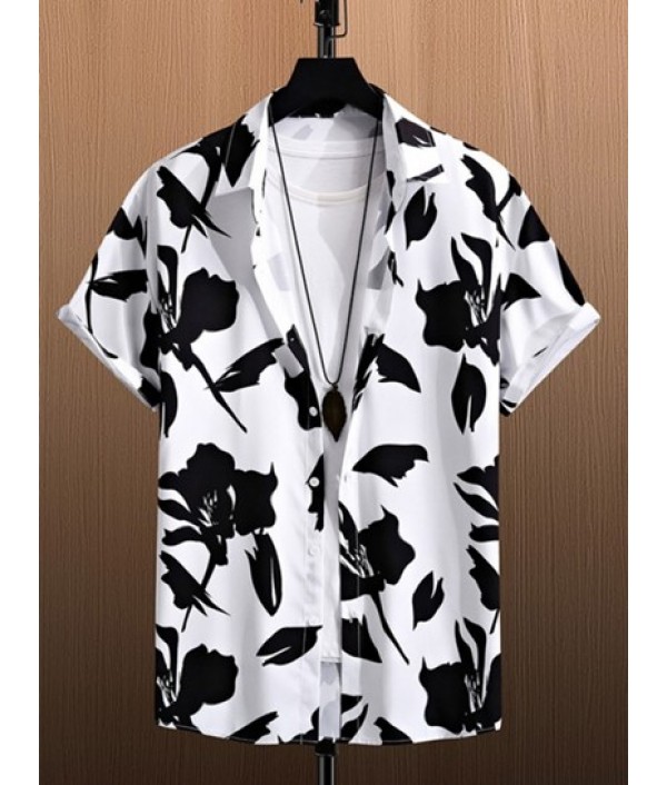 Men's Summer Beach Monochrome Floral Print Button Up Short Sleeve Shirt And Solid Color Basic Casual Bermuda Shorts Vacation Set Men's Summer Beach Monochrome Floral Print Button Up Short Sleeve Shirt And Solid Color Basic Casual Bermuda Shorts Vacation Set