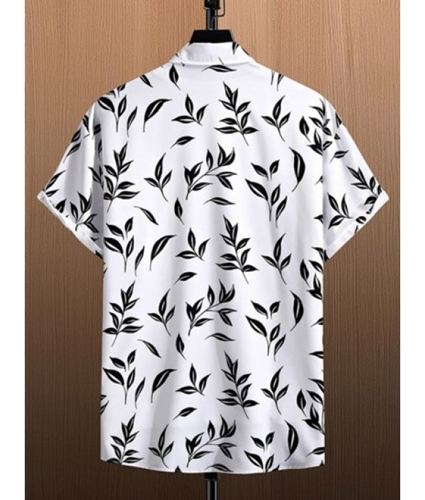 Men's Beach Monochrome Leaf Print Button Up Short Sleeve Shirt And Solid Color Basic Casual Bermuda Shorts Vacation Set