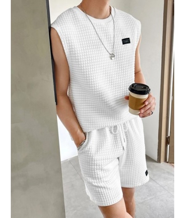 Solid Color Textured Tank Top And Shorts Sports Set