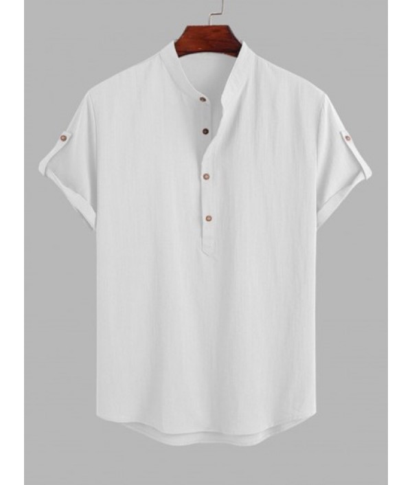 Half Button Roll Up Sleeves Popover Shirt With Drawstring Shorts Two Piece Set