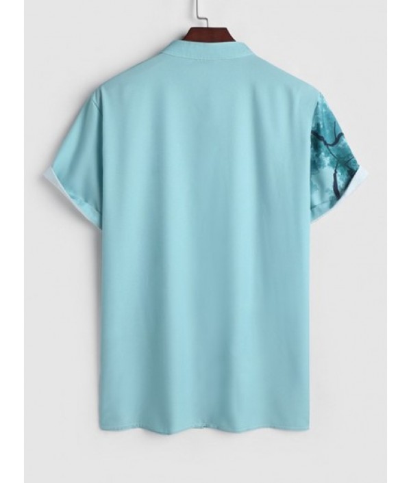 Men's Chinese Ink Wash Painting Plant Pattern Button Front Short Sleeves Shirt And Label Design Solid Color Drawstring Shorts Set