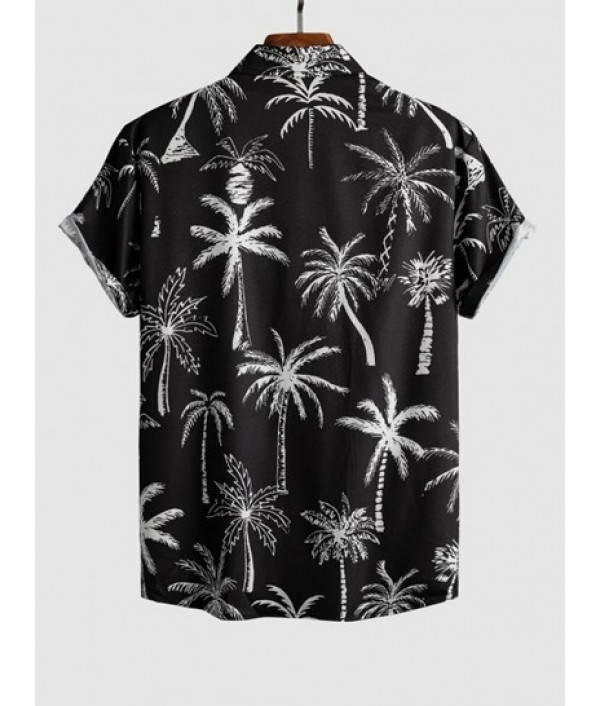 Men's Short Sleeves Palm Tropical Print Beach Vacation Shirt And Solid Color Basic Casual Bermuda Shorts Set