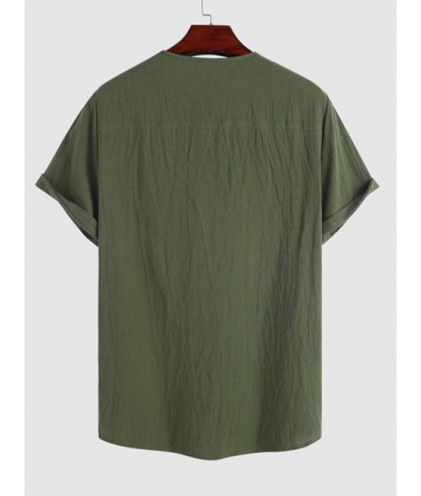 Men's Cotton And Linen Textured Half Button Short Sleeves Pullover Shirt And Multi-pockets Design Drawstring Casual Shorts Set Men's Cotton And Linen Textured Half Button Short Sleeves Pullover Shirt And Multi-pockets Design Drawstring Casual Shorts Set