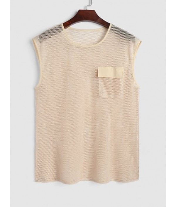 Sexy Sheer Openwork Mesh Two Piece Set Flap Pocket Tank Top With Lined Drawstring Shorts