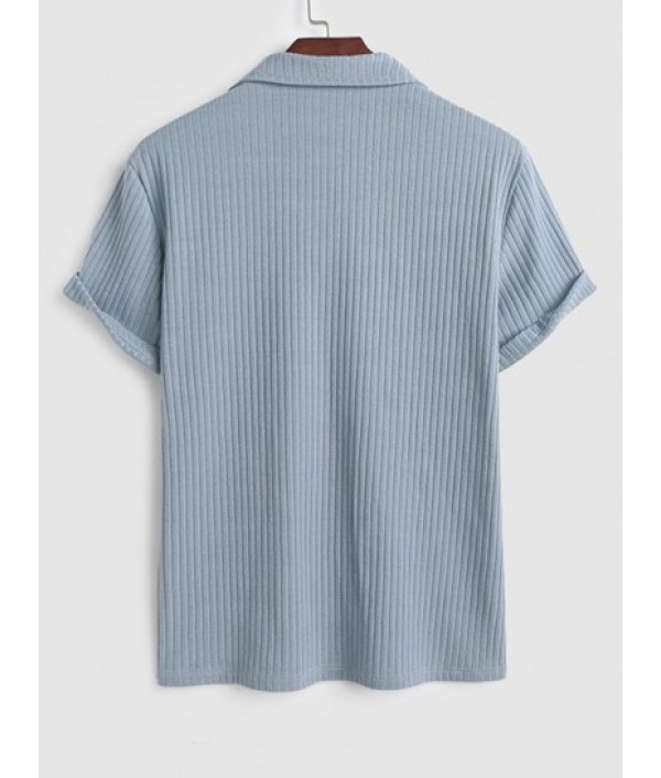 Men's Basic Minimalist Solid Color Ribbed Textured Turndown Collar Pullover Short Sleeves T-shirt And Drawstring Shorts Set