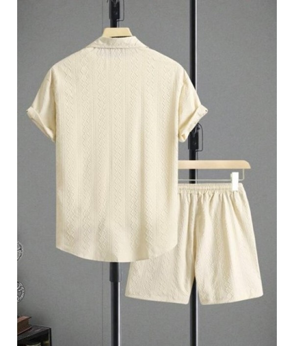 Men's Plain Color 3D Printed Raised Textured Button Front Short Sleeves Shirt And Drawstring Bermuda Shorts Set