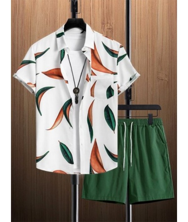 Men's Leaves Pattern Button Front Short Sleeves Shirt And Solid Color Drawstring Bermuda Shorts Vacation Beach Set Men's Leaves Pattern Button Front Short Sleeves Shirt And Solid Color Drawstring Bermuda Shorts Vacation Beach Set