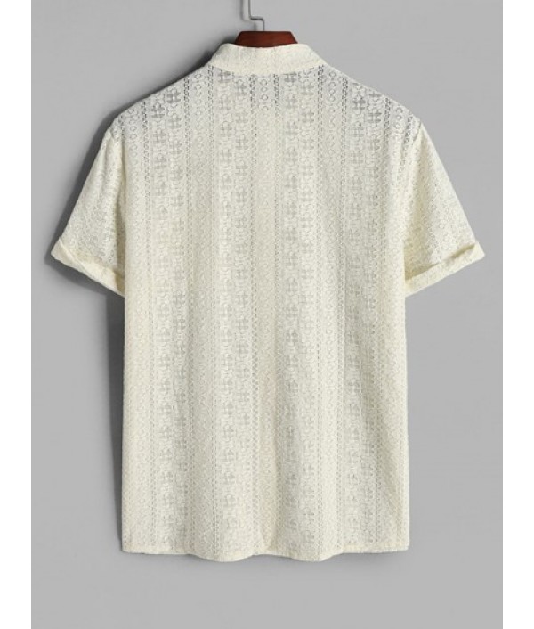 Men's Sexy Lace Co Ord Two Piece Set Stand Collar Sheer Short Sleeves Party Shirt With Openwork Shorts Set Men's Sexy Lace Co Ord Two Piece Set Stand Collar Sheer Short Sleeves Party Shirt With Openwork Shorts Set