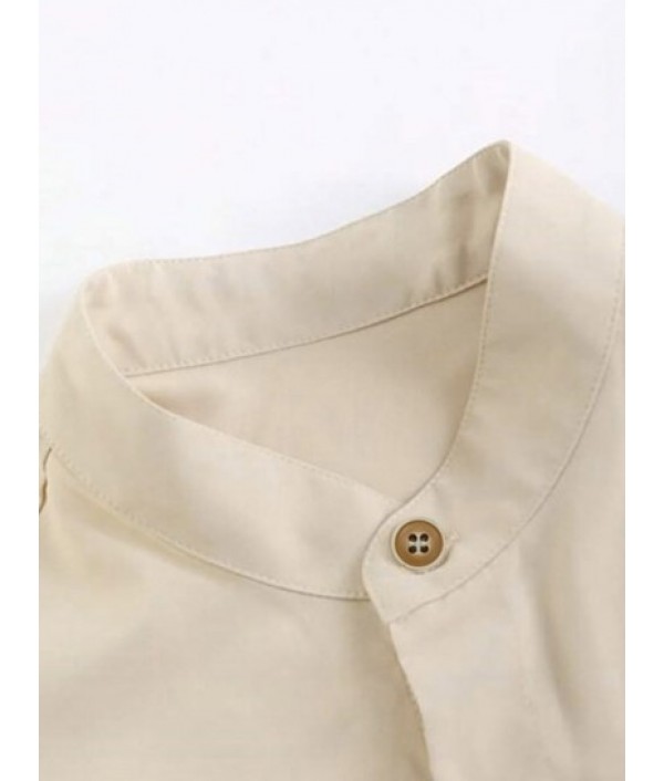 Men's Plain Color Stand Collar Button Front Short Sleeves Shirt And Drawstring Pants Casual Set