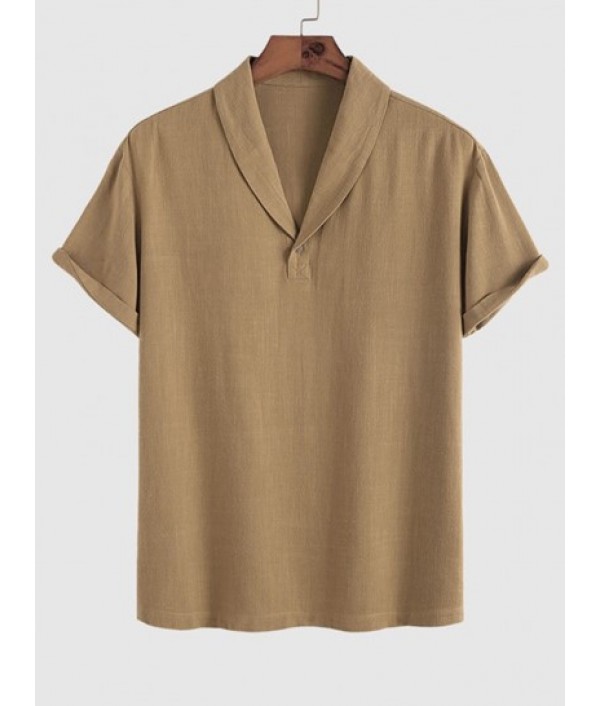 Men's Basic Minimalist Style Plain Color Shawl Collar Short Sleeves Pullover Shirt And Drawstring Pants Set