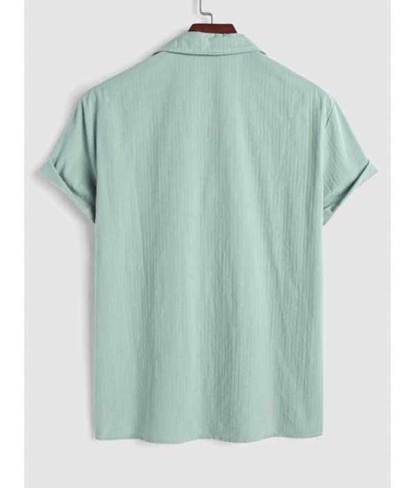 Men's Casual Co Ord Cotton And Linen Textured Front Pocket Short Sleeves Shirt With Drawstring Bermuda Shorts Set