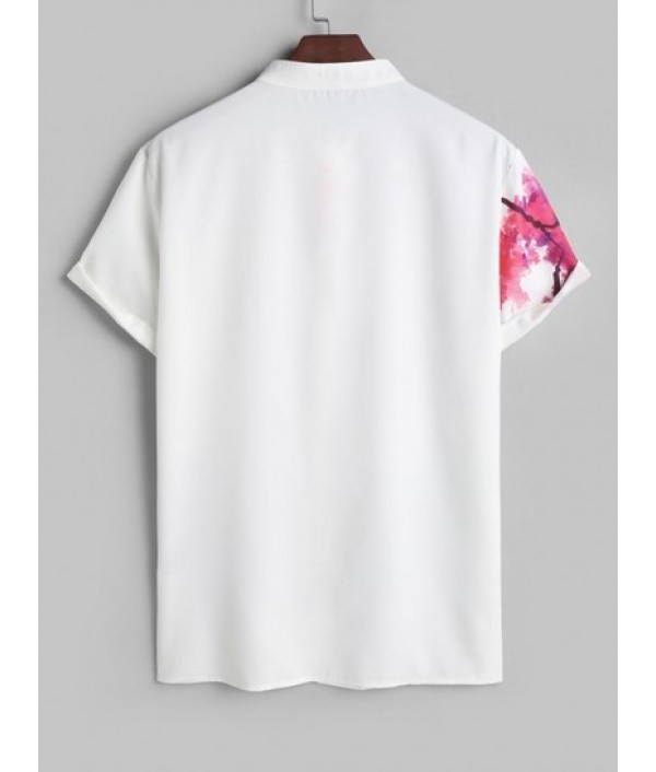 Men's Chinese Ink Wash Painting Plant Pattern Button Front Short Sleeves Shirt And Solid Color Basic Casual Bermuda Shorts Set Men's Chinese Ink Wash Painting Plant Pattern Button Front Short Sleeves Shirt And Solid Color Basic Casual Bermuda Shorts Set