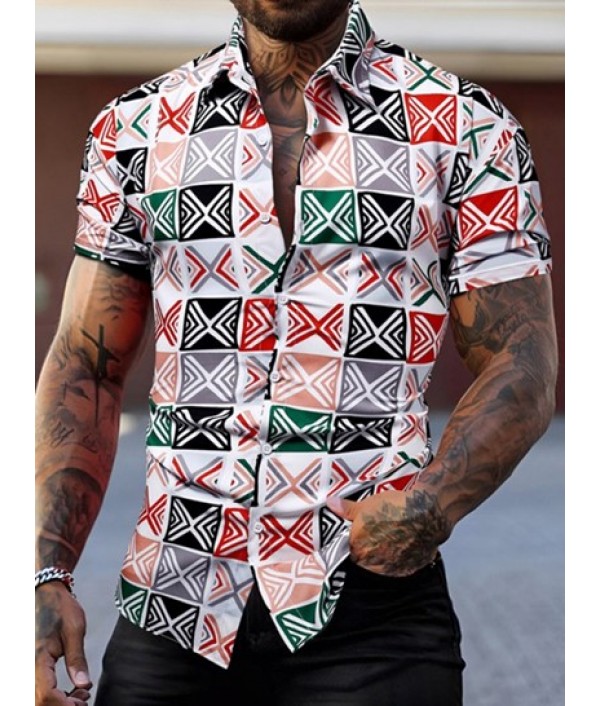 Men's Geometric Print Colorblock Casual Beach Vacation Short Sleeves Shirt And Basic Shorts Set