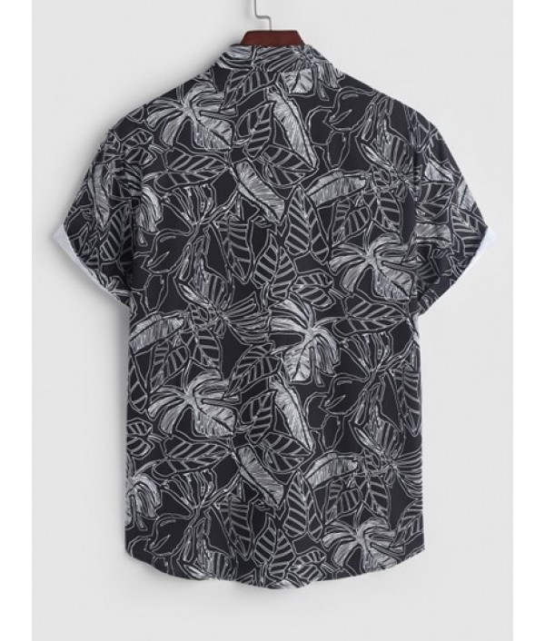Men's Two Piece Summer Vacation Beach Leave Print Button Up Short Sleeves Shirt And Drawstring Pockets Bermuda Shorts Set Men's Two Piece Summer Vacation Beach Leave Print Button Up Short Sleeves Shirt And Drawstring Pockets Bermuda Shorts Set