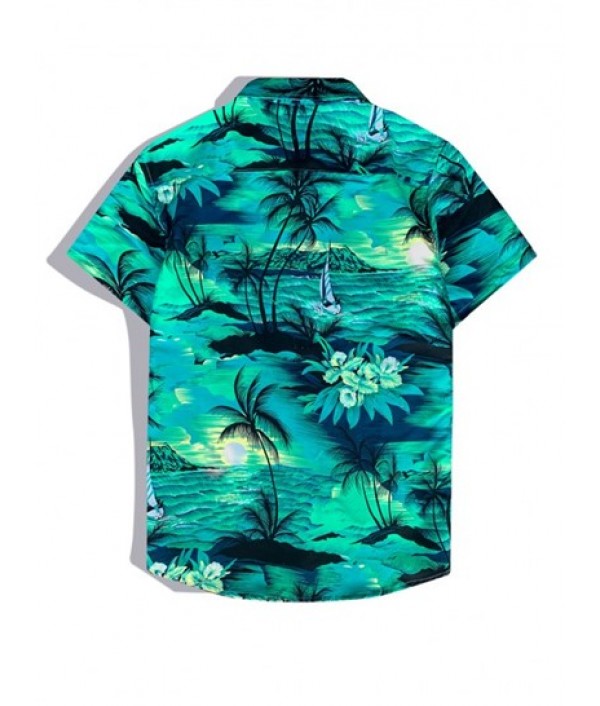 Men's Hawaiian Coconut Trees Sun Printed Button Front Short Sleeves Shirt And Drawstring Shorts Vacation Beach Set