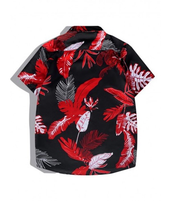 Men's Tropical Leaves Printed Button Front Short Sleeves Shirt And Drawstring Pockets Beach Shorts Hawaiian Vacation Set