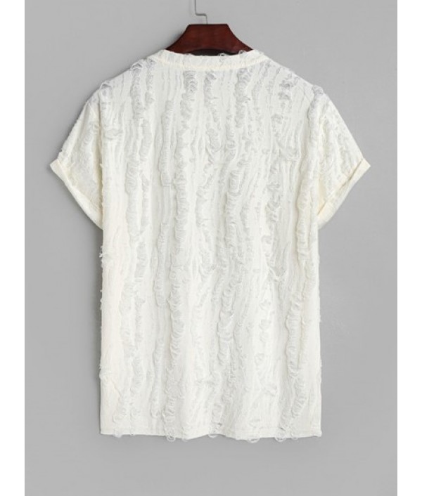 Men's Casual Party Short Sleeves See Through Distressed Textured Summer T Shirt And Basic Cotton And Linen Drawstring Shorts Set Men's Casual Party Short Sleeves See Through Distressed Textured Summer T Shirt And Basic Cotton And Linen Drawstring Shorts Set