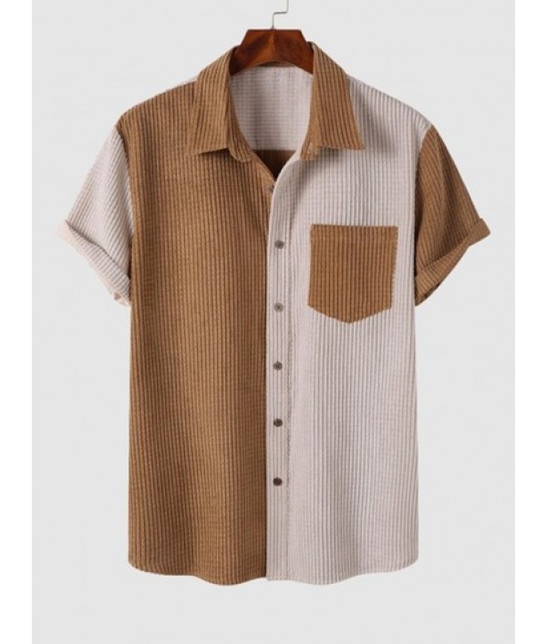 Colorblock Front Pocket Corduroy Short Sleeves Shirt And Drawstring Shorts Set Colorblock Front Pocket Corduroy Short Sleeves Shirt And Drawstring Shorts Set