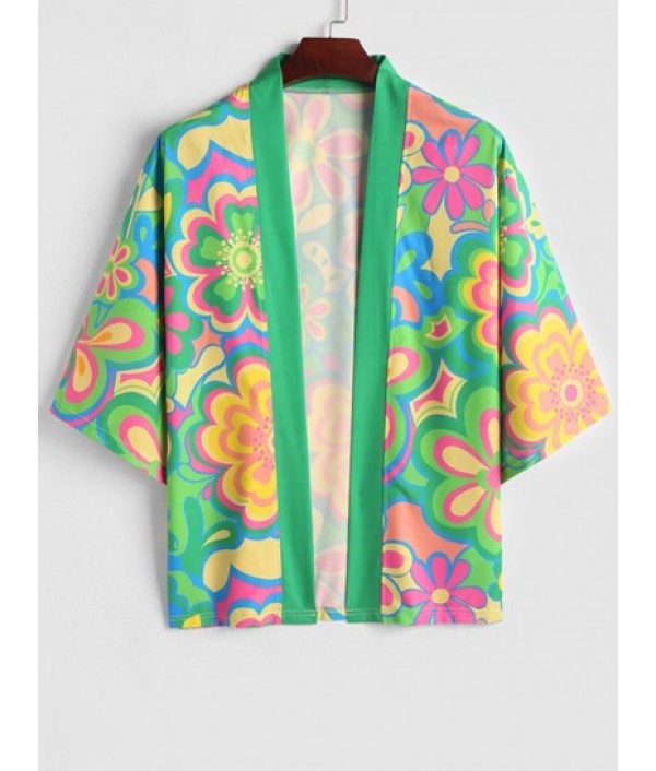 Colorful Floral Pattern Open Front Kimono With Vacation Beach Shorts Set Colorful Floral Pattern Open Front Kimono With Vacation Beach Shorts Set