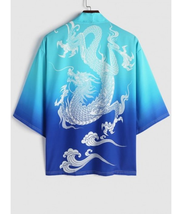 Men's Vacation Beach Co Ord Chinese Style Dragon Cloud Pattern Open Front Kimono With Drawstring Board Shorts Set