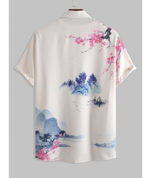 Landscape Painting Oriental Short Sleeves Shirt With Basic Casual Shorts Set Landscape Painting Oriental Short Sleeves Shirt With Basic Casual Shorts Set