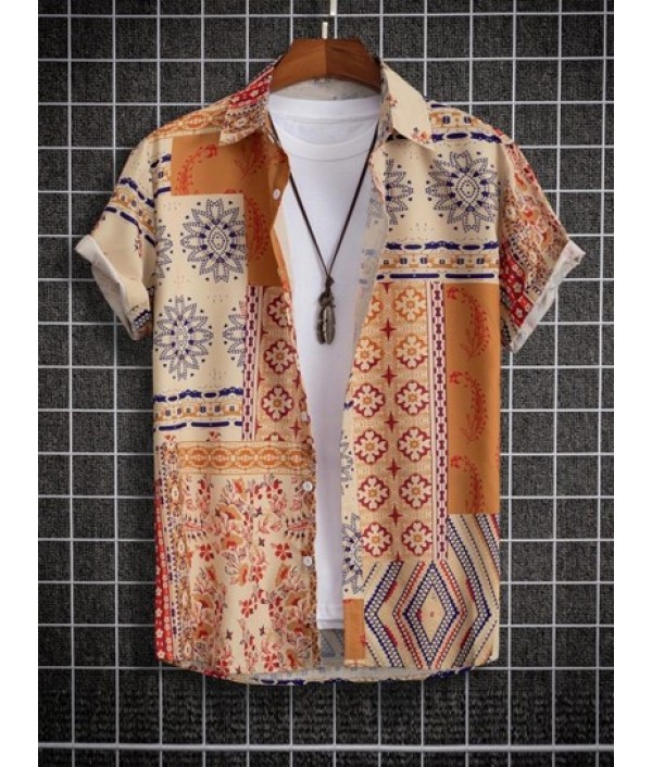 Retro Floral Print Patternblock Beach Vacation Shirt And Basic Casual Shorts Set