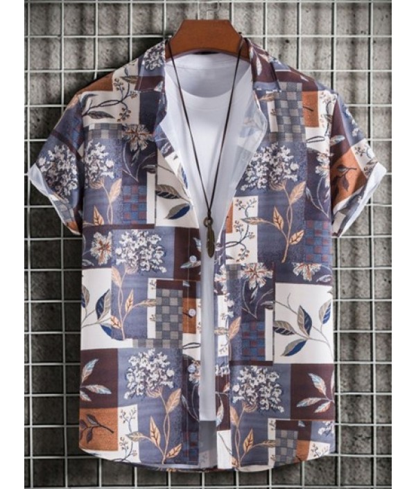 Men's Leaves Floral Plaid Printed Button Front Short Sleeves Vacation Shirt And Basic Casual Shorts Set