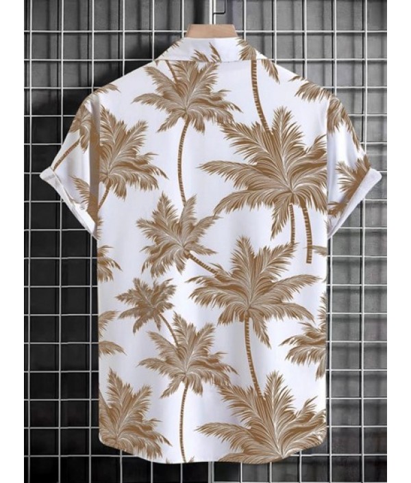Men's Tropical Coconut Tree Print Hawaiian Summer Casual Beach Vacation Button Short Sleeve Shirt And Coconut Trees Pattern Drawstring Board Shorts Set