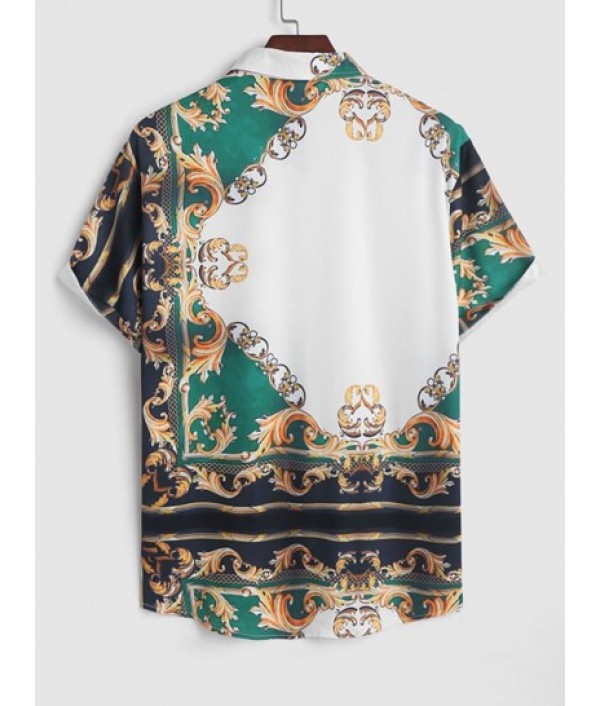 Men's Ethnic Style Printed Button Up Short Sleeves Summer Vacation Shirt And Beach Drawstring Pockets Board Shorts Set