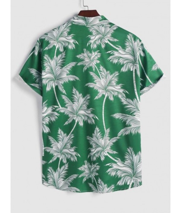 Coconut Tree Print Short Sleeve Hawaiian Shirt With Drawstring Hem Cargo Pants Set