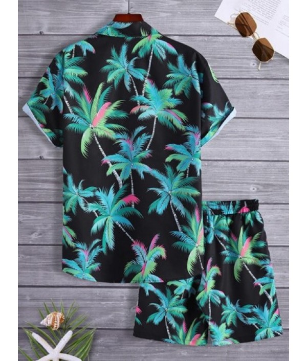 Men's Beach Vacation Hawaii Two Piece Set Allover Coconut Tree Print Button Up Shirt With Drawstring Bermuda Shorts Set Men's Beach Vacation Hawaii Two Piece Set Allover Coconut Tree Print Button Up Shirt With Drawstring Bermuda Shorts Set