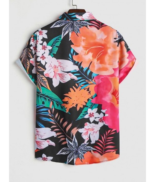 Men's Floral Tropical Leaf Print Casual Beach Summer Vacation Hawaii Short Sleeves Shirt And Drawstring Shorts Two Pieces Set
