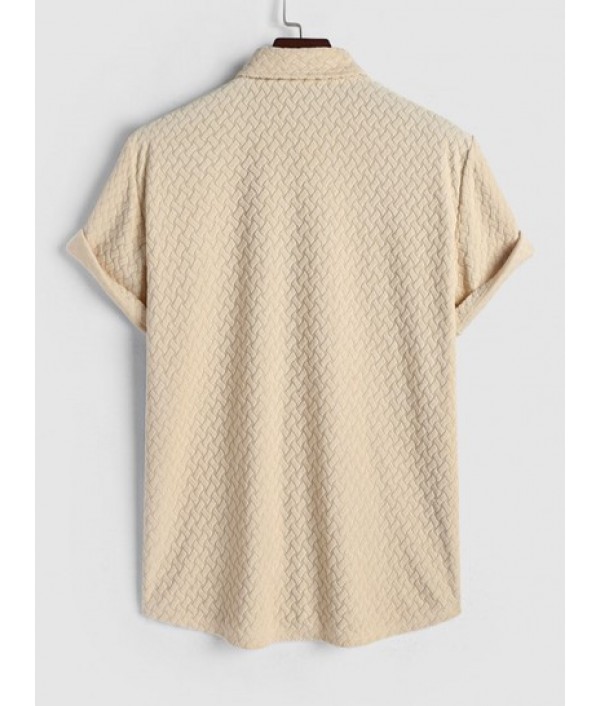 Men's Geometric Jacquard Terry Cloth Short Sleeves Casual Summer Shirt And Basic Linen Pants Set