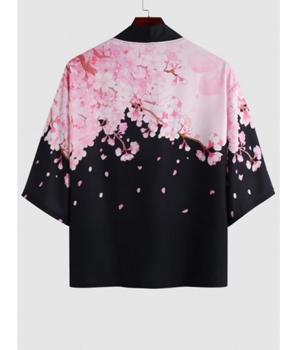 Sakura Pattern Open Front Kimono And Floral Print Pocket Beach Shorts Set