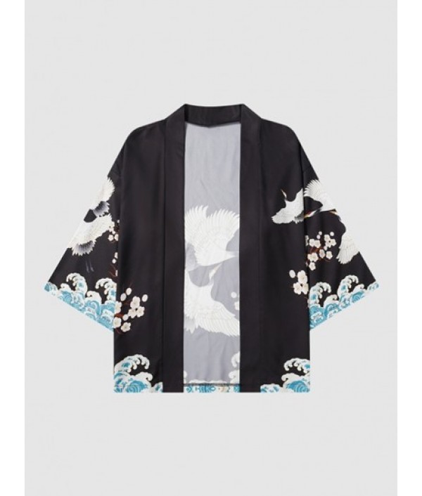 Sea Waves And Flower Print Kimono With Shorts Two Piece Set Sea Waves And Flower Print Kimono With Shorts Two Piece Set
