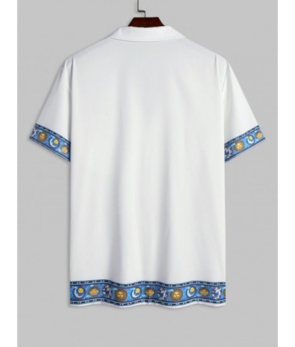 Men's Sun And Moon Galaxy Print Colorblock Lapel Collar Short Sleeves Summer Beach Vacation Shirt And Drawstring Shorts Set