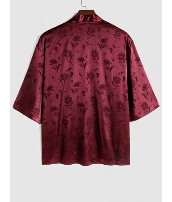 Men's Two Piece Outfits Silky Satin Rose Printed Open Front Kimono Shirt And Casual Shorts Set