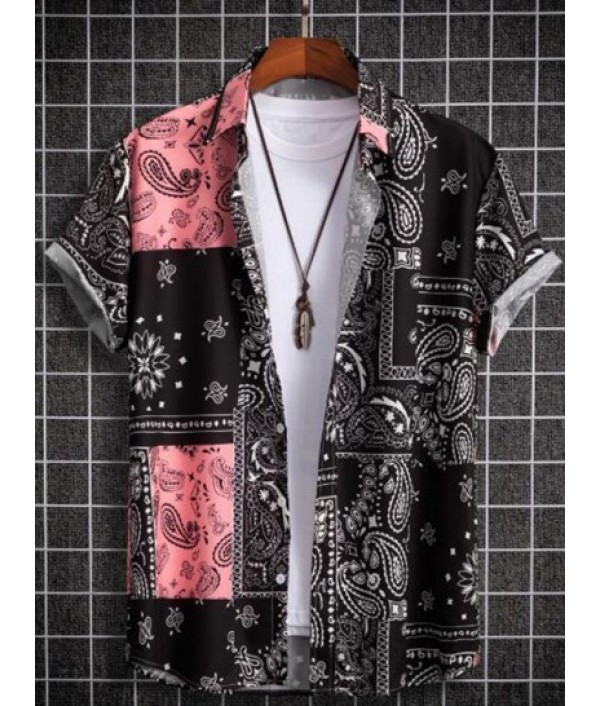 Men's Ethnic Style Paisley Floral Print Pattern Block Retro Casual Short Sleeves Shirt And Vacation Drawstring Board Shorts Set