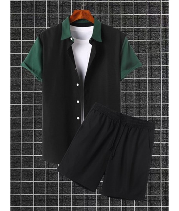 Short Sleeves Colorblock Shirt With Drawstring Shorts Two Piece Set