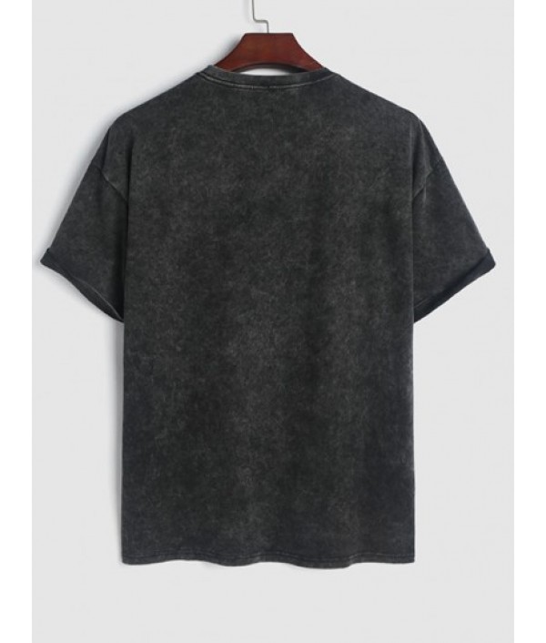 Men's Retro Washed Casual ALASAK USA Letter Eagle Graphic Drop Shoulder Short Sleeves 100% Cotton T Shirt And Pineapple Embroidered Applique Design Drawstring Casual Shorts Set