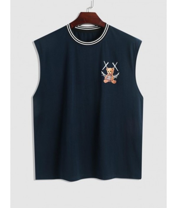 Men's Rib Collar Smile Face Cartoon Bear Sleeveless T Shirt Summer Tank Top And Letter Pattern Multi-pockets Design Drawstring Cargo Shorts