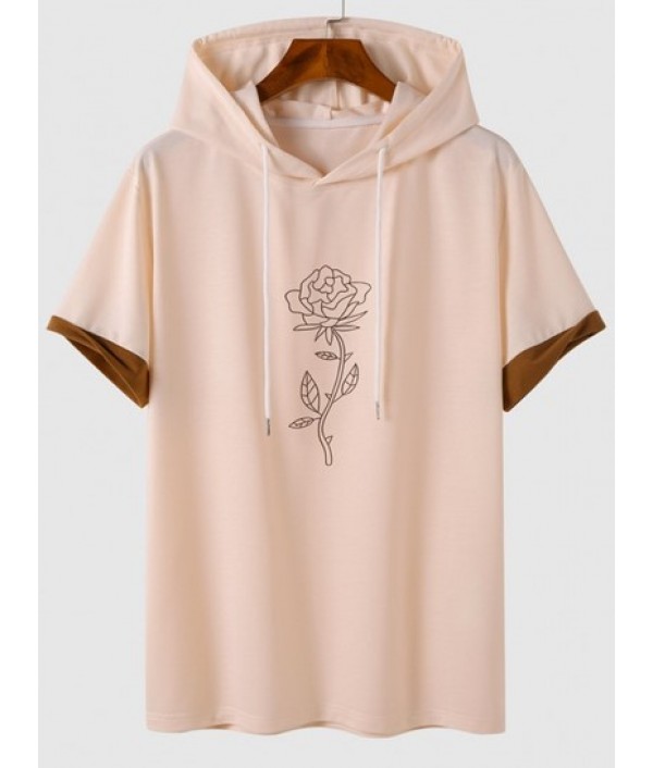 Color Spliced Rose Printed Hooded T-shirt And Japanese Printed Drawstring Shorts Set Color Spliced Rose Printed Hooded T-shirt And Japanese Printed Drawstring Shorts Set