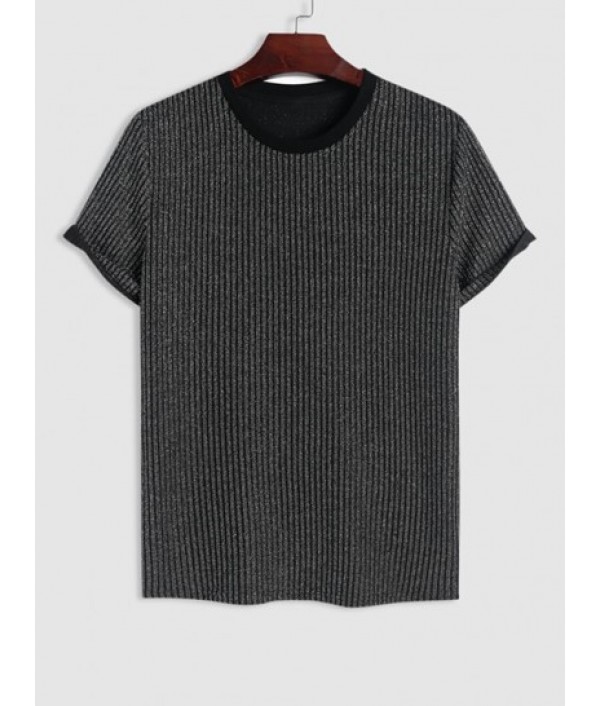 Men's Glitter Silver Metallic Yarn Textured Ribbed Short Sleeves T Shirt With Drawstring Straight Leg Pants Two Piece Set Men's Glitter Silver Metallic Yarn Textured Ribbed Short Sleeves T Shirt With Drawstring Straight Leg Pants Two Piece Set