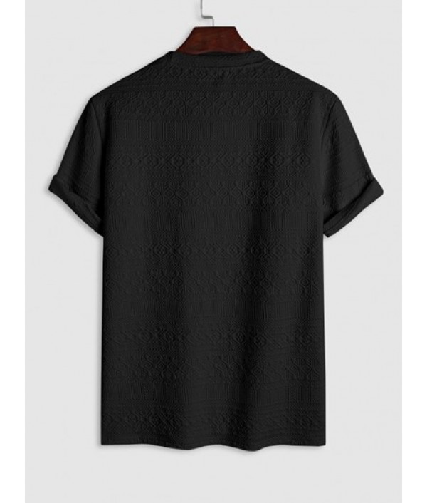 Men's Vintage Geometric Textured Jacquard Round Neck Short Sleeves T-shirt And Drawstring Bermuda Shorts Basic Set