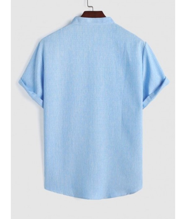 Stand Collar Applique Decor Heathered Basic Shirt With Drawstring Shorts Set Stand Collar Applique Decor Heathered Basic Shirt With Drawstring Shorts Set