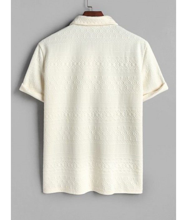 Geometric Retro Jacquard Textured Quarter Button Short Sleeves Polo Collared T Shirt And Shorts Set Geometric Retro Jacquard Textured Quarter Button Short Sleeves Polo Collared T Shirt And Shorts Set