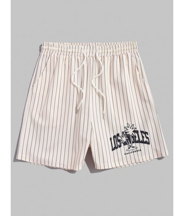 Men's Vertical Stripes LOS ANGELES Letter Coconut Tree Pattern Short Sleeves Button Front Baseball Shirt And Drawstring Board Shorts Vacation Hawaiian Beach Set